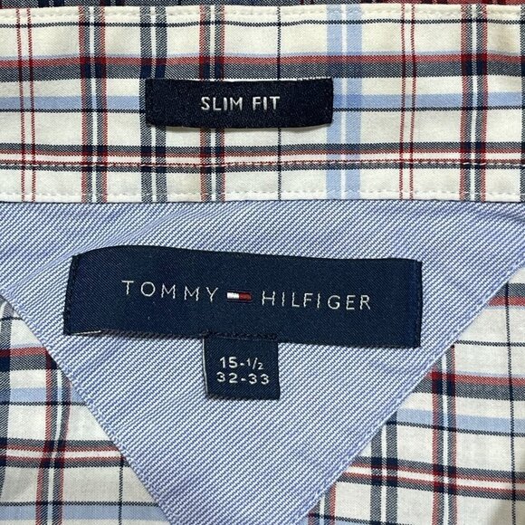 Tommy Hilfiger Men's Button Front Shirt Slim Fit Plaid Red White Blue 15 1/2 - Picture 3 of 6
